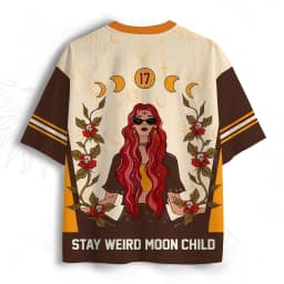 Stay Weird Moon Number 17 Football Jersey Skull Rose Moon Lady Print Brown Orange Retro Gothic Sports Tee