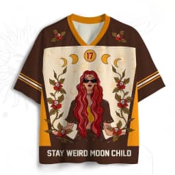 Stay Weird Moon Number 17 Football Jersey Skull Rose Moon Lady Print Brown Orange Retro Gothic Sports Tee