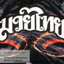 Muay Thai Shorts Men Women Youth Satin Boxing Trunks with Fire Snake Print Thai Letter Embroidery Elastic Waist Kickboxing Pants
