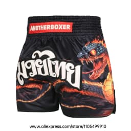 Muay Thai Shorts Men Women Youth Satin Boxing Trunks with Fire Snake Print Thai Letter Embroidery Elastic Waist Kickboxing Pants