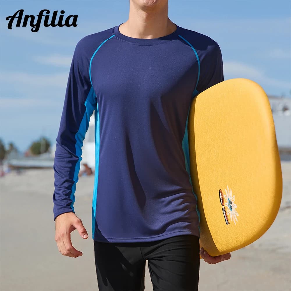 Anfilia Mens UPF 50+ Long Sleeve Rash Vest Quick Dry Rash Guards Surfing Swim Shirt
