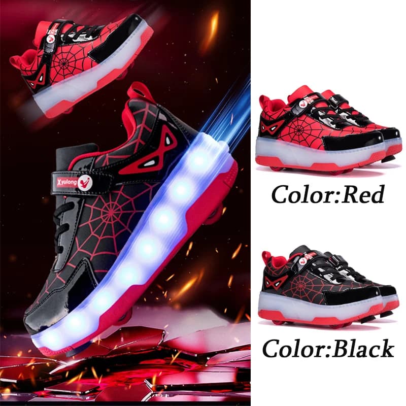 Spider Web Design LED Light up Roller Skates Unisex Children Students Walking Shoes Chargeable Lights Wheel Skate Shoes