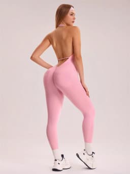 Women's solid color vest style seamless elastic sports jumpsuit with pocket design