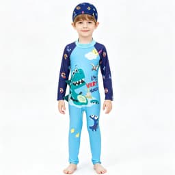Boys Swimsuit Toddler 3 4 5 6 7 8 9 Years One Piece Kid Swimwear with Cap Long Sleeve Full Body UV Protection Beach Bathing Suit