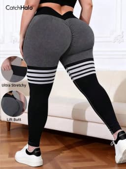 Plus Size Women Seamless Yoga Leggings Contrast Stripe High Waist Tummy Control Butt Lift Fitness Workout Gym Tights