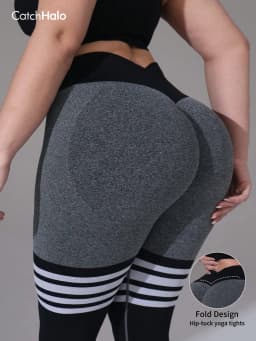 Plus Size Women Seamless Yoga Leggings Contrast Stripe High Waist Tummy Control Butt Lift Fitness Workout Gym Tights