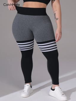 Plus Size Women Seamless Yoga Leggings Contrast Stripe High Waist Tummy Control Butt Lift Fitness Workout Gym Tights