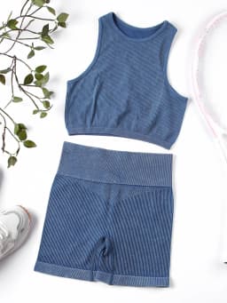 Washed Ribbed 2-Piece Yoga Set High Waist Biker Shorts Crop Top Women's Seamless Workout Outfit Gym Fitness Activewear