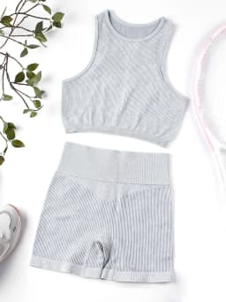 Washed Ribbed 2-Piece Yoga Set High Waist Biker Shorts Crop Top Women's Seamless Workout Outfit Gym Fitness Activewear