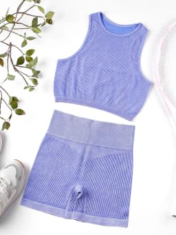 Washed Ribbed 2-Piece Yoga Set High Waist Biker Shorts Crop Top Women's Seamless Workout Outfit Gym Fitness Activewear