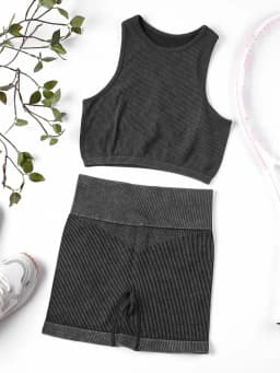 Washed Ribbed 2-Piece Yoga Set High Waist Biker Shorts Crop Top Women's Seamless Workout Outfit Gym Fitness Activewear