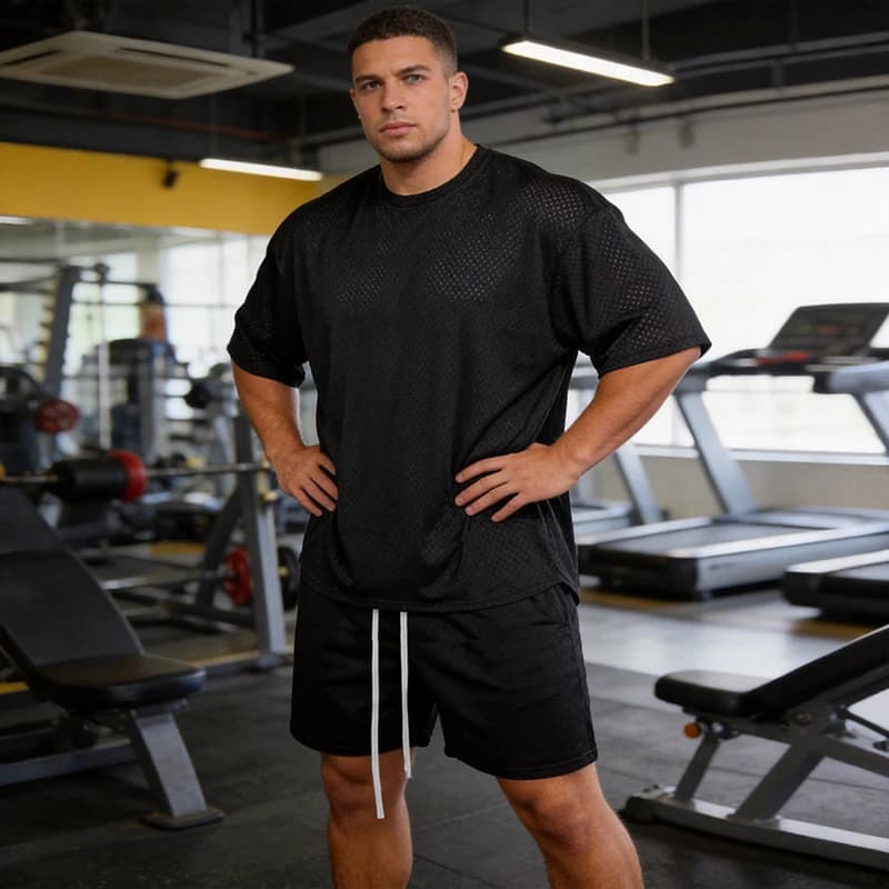 Men's Athletic Mesh Quick Dry Running T Shirt Short Sleeve Crew Neck Loose Oversized Fit Dropped Shoulders Workout Training Tops