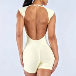 HISTELLO Impact Short Sleeve One Piece Women Backless Yoga Bodysuit Soft Stretch Butt Lift Gym Workout Athletic Romper