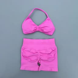 2 Piece Sports Gym Set Strappy Bra Ruched Backless Halter Push Up Yoga Scrunch Shorts Running Sportswear Woman Seamless Yoga Set
