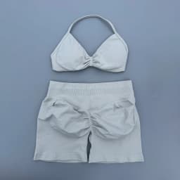 2 Piece Sports Gym Set Strappy Bra Ruched Backless Halter Push Up Yoga Scrunch Shorts Running Sportswear Woman Seamless Yoga Set