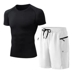 Mens Summer Casual Sport Surfing Suit 2 Piece Set Quick Dry Short Sleeve Rash Guard Board Shorts with Zipper Pocket Mesh Liner