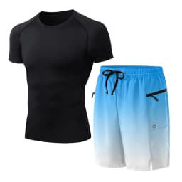 Mens Summer Casual Sport Surfing Suit 2 Piece Set Quick Dry Short Sleeve Rash Guard Board Shorts with Zipper Pocket Mesh Liner