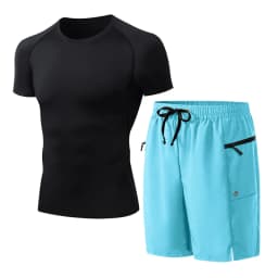 Mens Summer Casual Sport Surfing Suit 2 Piece Set Quick Dry Short Sleeve Rash Guard Board Shorts with Zipper Pocket Mesh Liner