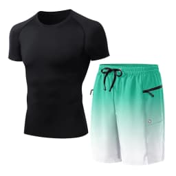 Mens Summer Casual Sport Surfing Suit 2 Piece Set Quick Dry Short Sleeve Rash Guard Board Shorts with Zipper Pocket Mesh Liner