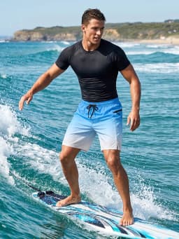 Mens Summer Casual Sport Surfing Suit 2 Piece Set Quick Dry Short Sleeve Rash Guard Board Shorts with Zipper Pocket Mesh Liner