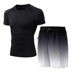 Mens Summer Casual Sport Surfing Suit 2 Piece Set Quick Dry Short Sleeve Rash Guard Board Shorts with Zipper Pocket Mesh Liner