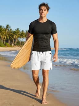 Mens Summer Casual Sport Surfing Suit 2 Piece Set Quick Dry Short Sleeve Rash Guard Board Shorts with Zipper Pocket Mesh Liner
