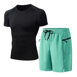Mens Summer Casual Sport Surfing Suit 2 Piece Set Quick Dry Short Sleeve Rash Guard Board Shorts with Zipper Pocket Mesh Liner