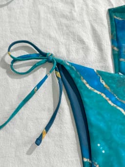 Women's Three-Piece Swimsuit Set, Blue Marble Print Sexy Bikini with Tie-Up Triangle Top, Tie-Up Triangle Bottoms, Mesh Skirt, Wrap Skirt, Beach Swimwear