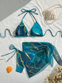Women's Three-Piece Swimsuit Set, Blue Marble Print Sexy Bikini with Tie-Up Triangle Top, Tie-Up Triangle Bottoms, Mesh Skirt, Wrap Skirt, Beach Swimwear