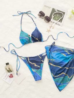 Women's Three-Piece Swimsuit Set, Blue Marble Print Sexy Bikini with Tie-Up Triangle Top, Tie-Up Triangle Bottoms, Mesh Skirt, Wrap Skirt, Beach Swimwear