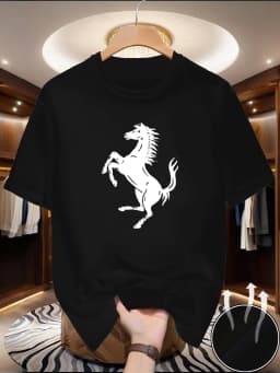 Men's summer breathable quick drying fashionable casual loose horse pattern letter printed round neck short sleeved T-shirt