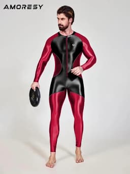 AMORESY Men's Color-block Sport Long-Sleeved Jumpsuit Tight-Fitting Spandex Swimsuit Swimwear Catsuit Overall Playsuits