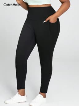 Plus Size Women Yoga Leggings With Pockets Black Compression Ultra Stretch High Waist Tummy Control Gym Workout Tights