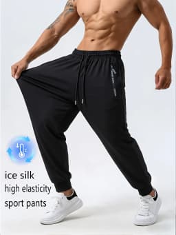 Men's Ice Silk Trousers With High Elasticity And Comfortable Zipper Pockets Casual Training Sports Trousers Sweatpants Man Gift