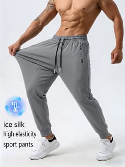 Men's Ice Silk Trousers With High Elasticity And Comfortable Zipper Pockets Casual Training Sports Trousers Sweatpants Man Gift