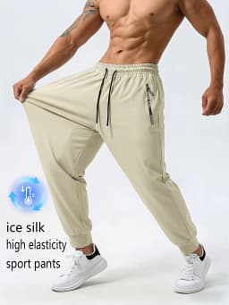 Men's Ice Silk Trousers With High Elasticity And Comfortable Zipper Pockets Casual Training Sports Trousers Sweatpants Man Gift