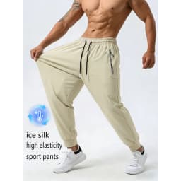Men's Ice Silk Trousers With High Elasticity And Comfortable Zipper Pockets Casual Training Sports Trousers Sweatpants Man Gift
