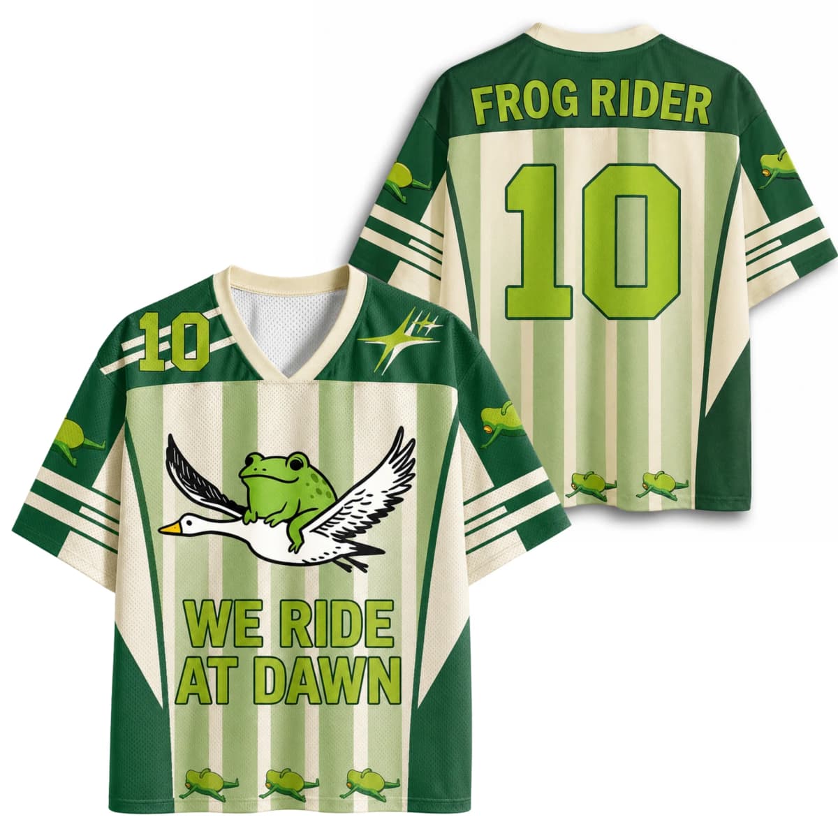 Funny Frog Rider Goose Number 10 Print V Neck Jersey Green Beige Vertical Stripe Color Cuff Casual Streetwear Sports Top