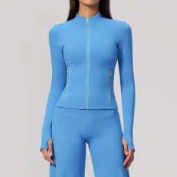 Women Zip Up Long Sleeve Yoga Jacket Thumb Hole Stand Collar Slim Crop Athletic Top Fitness Running Workout Gym Sport Outerwear