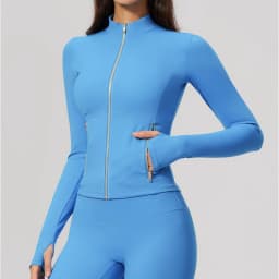 Women Zip Up Long Sleeve Yoga Jacket Thumb Hole Stand Collar Slim Crop Athletic Top Fitness Running Workout Gym Sport Outerwear