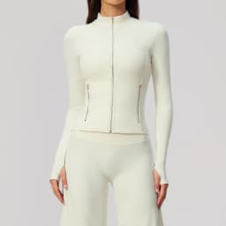 Women Zip Up Long Sleeve Yoga Jacket Thumb Hole Stand Collar Slim Crop Athletic Top Fitness Running Workout Gym Sport Outerwear