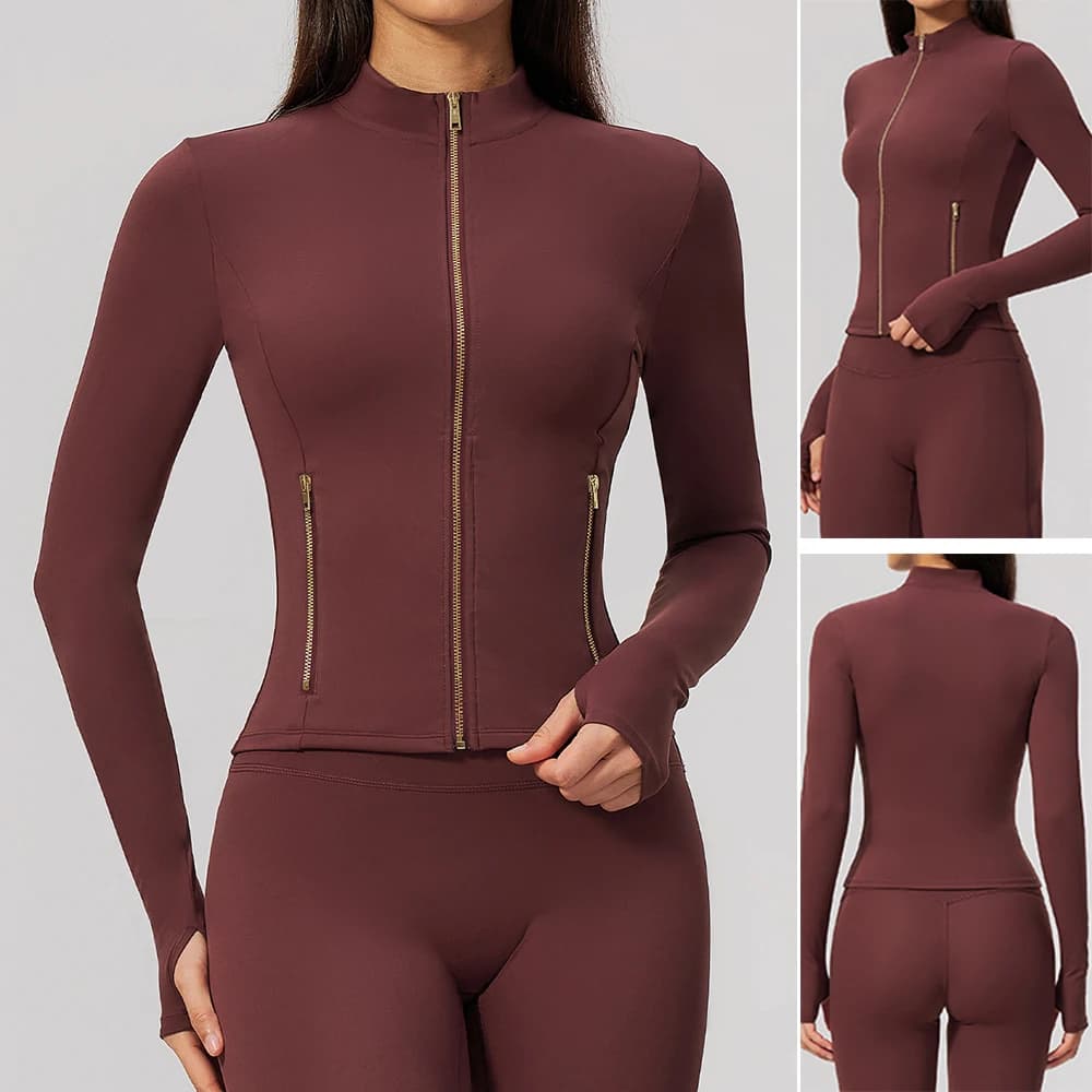 Women Zip Up Long Sleeve Yoga Jacket Thumb Hole Stand Collar Slim Crop Athletic Top Fitness Running Workout Gym Sport Outerwear