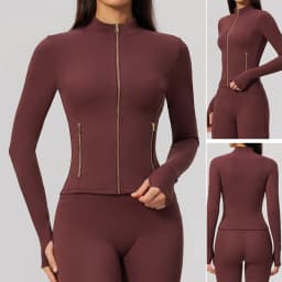 Women Zip Up Long Sleeve Yoga Jacket Thumb Hole Stand Collar Slim Crop Athletic Top Fitness Running Workout Gym Sport Outerwear