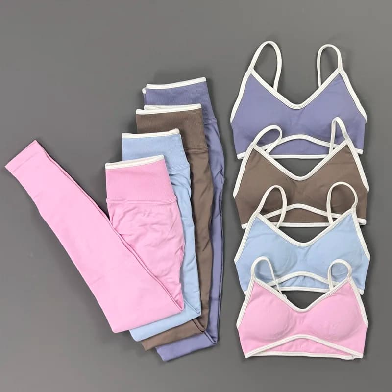 2 Pieces Trim Yoga Set Women Thin Strap V Neck Sports Bra High Waist Leggings High Elastic Breathable Fitness Workout Sportswear