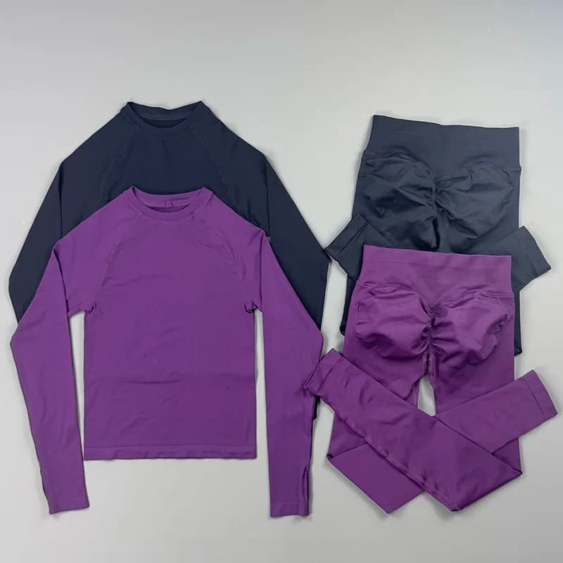 2 Pieces Gym Set Women Crew Neck Thumb Hole Long Sleeve Slim Crop Shirt Scrunch Butt Leggings Stretchy Soft Yoga Pilates Suit