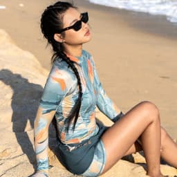 Nu-June Women's Swimsuit Print Surf Rash Guard Long Sleeve Quick Dry Swim Shorts Set Sport Sun Protection Bathing Suit Swimwear