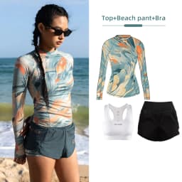 Nu-June Women's Swimsuit Print Surf Rash Guard Long Sleeve Quick Dry Swim Shorts Set Sport Sun Protection Bathing Suit Swimwear