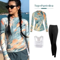 Nu-June Women's Swimsuit Print Surf Rash Guard Long Sleeve Quick Dry Swim Shorts Set Sport Sun Protection Bathing Suit Swimwear