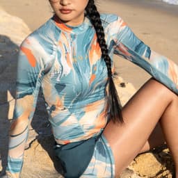Nu-June Women's Swimsuit Print Surf Rash Guard Long Sleeve Quick Dry Swim Shorts Set Sport Sun Protection Bathing Suit Swimwear