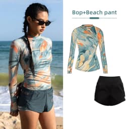 Nu-June Women's Swimsuit Print Surf Rash Guard Long Sleeve Quick Dry Swim Shorts Set Sport Sun Protection Bathing Suit Swimwear